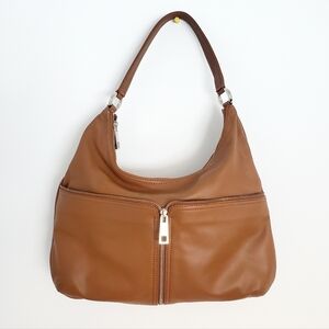 DANIER Leather Hobo Shoulder Bag Camel Tan Silver Tone Accents NEWER Condition